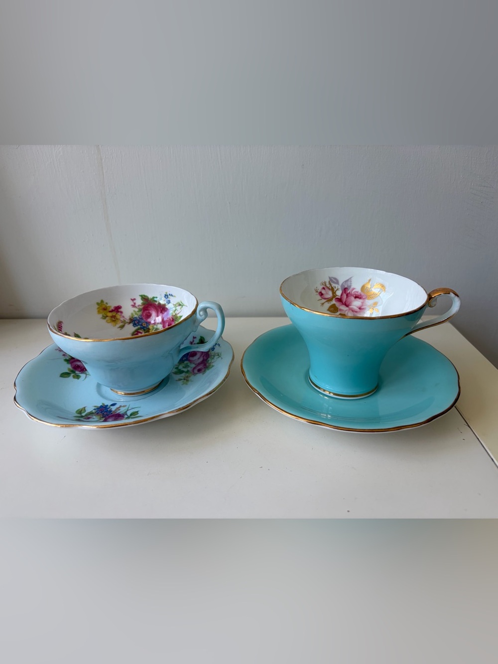 Vtg Aynsley & Foley Bone China Floral Tea Cup & Saucer sets Blue White England
